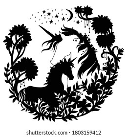 Vector beautiful unicorn and foal with trees and stars in circle composition. Black silhouette illustration isolated on white.For template, print, stickers, design,weather vane,application and tattoo