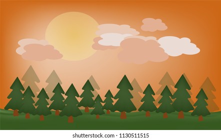 vector beautiful view of nature and forest at sunset or sunrise with Christmas trees on a clearing with grass on a background of orange with sun and clouds