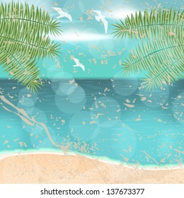 Vector beautiful vintage summer seaside illustration with beach, ocean, palm leaves and gulls