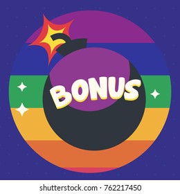 A vector of beautiful violet bomb on a rainbow circle isolated on dark blue background and orange floor, flat style for game