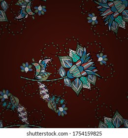 Vector. Beautiful watercolor flowers, bright painting inspiblack, blue and brown flower print seamless background.