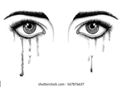 Vector beautiful watercolor illustration with crying eyes. Black illustration. Women's watery eyes. Eyes with flowing mascara on isolated background.
