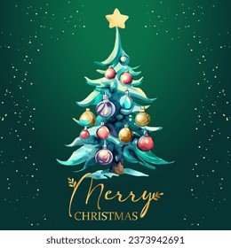 Vector Beautiful Watercolor Merry Christmas Tree Poster