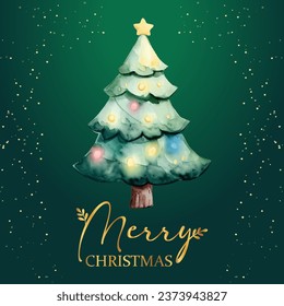 Vector Beautiful Watercolor Merry Christmas Tree Poster