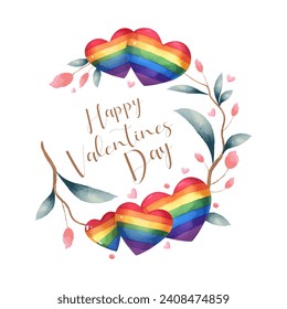 vector beautiful watercolor pride valentine's day wreath frame. LGBT symbol