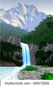 vector beautiful waterfall in jungle rainforest mountains