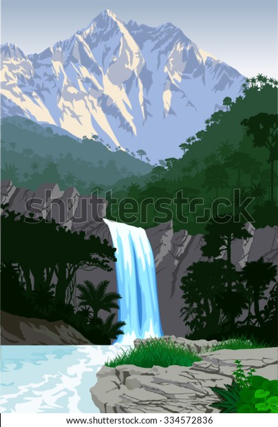Vector Beautiful Waterfall Jungle Rainforest Mountains Stock Vector