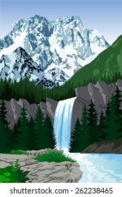 vector beautiful waterfall in mountains