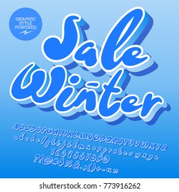 Vector Beautiful Winter Sale Emblem.  Inclined Alphabet Letters, Symbols and Numbers. Font contains Graphic style.