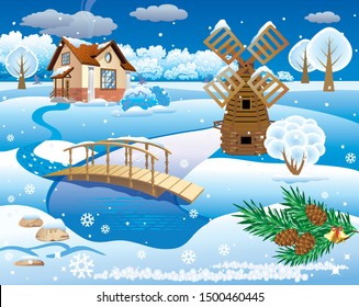 Vector hermoso paisaje de invierno nevado con río, puente, molino y casa