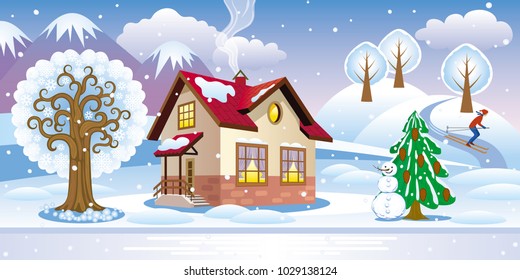 Schöne Winterschneelandschaft mit Haus, Baum, Schneemann und Skifahrer