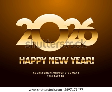 Vector Beautiful Wish Card Happy New Year 2026! Shiny Gold Font. Luxury Alphabet Letters and Numbers. 