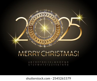 Vector beautiful Wish Card Merry Christmas 2025 with Brilliant Decoration. Slim Gold Font. Elite Alphabet Letters and Number set.