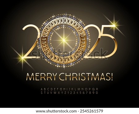 Vector beautiful Wish Card Merry Christmas 2025 with Brilliant Decoration. Slim Gold Font. Elite Alphabet Letters and Number set.