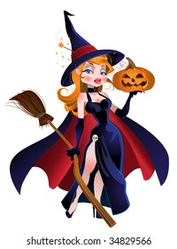 vector beautiful witch in cloak with a pumpkin