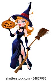 vector beautiful witch and pumpkin