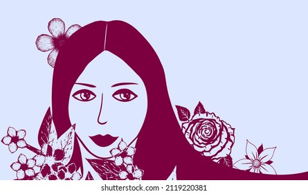 vector beautiful woman among flowers isolated on white background