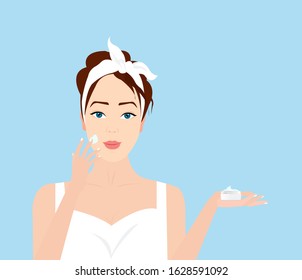 Vector of a beautiful woman applying cream on her face taking care of her skin