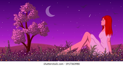 Vector beautiful woman in bright dress sitting on flowery meadow with tree at starry evening