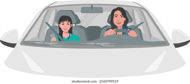 Vector of a beautiful woman drive a white car with a daughter