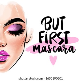 Vector beautiful woman face. But first. mascara. Girl portrait with long black lashes, brows, pink lips. Closed eyes. Fashion make-up illustration. Quote about eyelashes.