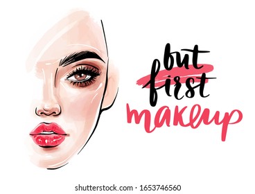 Vector beautiful woman face. But first makeup quote. Girl portrait with long black lashes, brows, red lips. Closed eyes. Fashion make-up illustration.