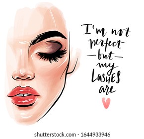 Vector beautiful woman face. Girl portrait with long black lashes, brows, red lips. Closed eyes. Fashion make-up illustration for beauty salon, posters and social media. Quote about eyelashes.