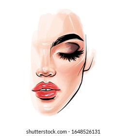 Vector beautiful woman face. Girl portrait with long black lashes, brows, red lips. Closed eyes. Fashion make-up illustration for beauty salon, posters and social media.