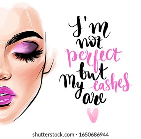 Vector beautiful woman face and quote about lashes. Girl portrait with long black lashes, brows, pink lips. Closed eyes. Fashion make-up illustration. Stylish art.