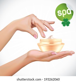 Vector Beautiful Woman Hands With Cream Jar Illustration, Icons, Button, Sign, Symbol, Logo, Sticker, for Family, Celebration, Health-care, People, SPA 