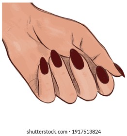 Vector Beautiful woman hands with marsala nail polish,perfect nails and manicure. Elegant female hands in a trendy minimalist style. Beauty logo for nail studio or spa salon. vector illustration