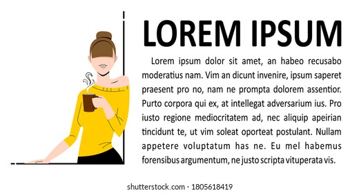 Vector beautiful woman holding a cup of hot coffee or tea. Slender girl drinking coffee. For flyer, banner, website. Vector flat style illustration. EPS-10.