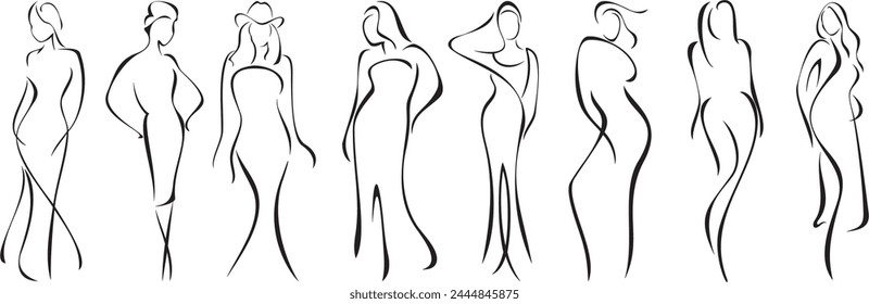 Vector hermosa mujer silueta serie, minimalismo. Mujeres jóvenes, damas, novias o modelos de moda en vestidos de noche. Exquisitos dibujos de líneas negras con belleza femenina, elegancia y concepto de moda.