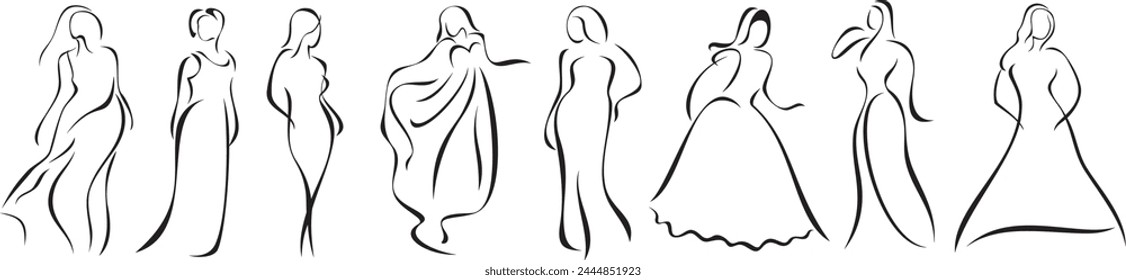 Vector beautiful woman silhouette series, minimalist style. Elegant women, retro ladies and brides with long gowns. Exquisite black line drawing sets with beauty and fashion concept.
