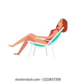 Vector beautiful woman sunbathing lying at lounger at summer vacation on seashore resort. Female character in swimsuit and hat at sea holiday. Isolated illustration