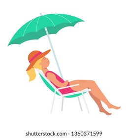Vector beautiful woman sunbathing lying at lounger under sum umbrella at summer vacation on seashore resort. Female character in swimsuit and hat at sea holiday. Isolated illustration