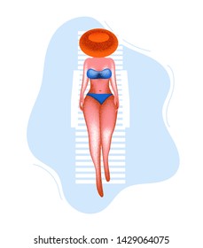 Vector beautiful woman sunbathing lying at lounger at summer vacation on seashore resort. Female character in swimsuit and hat at sea holiday. Isolated illustration