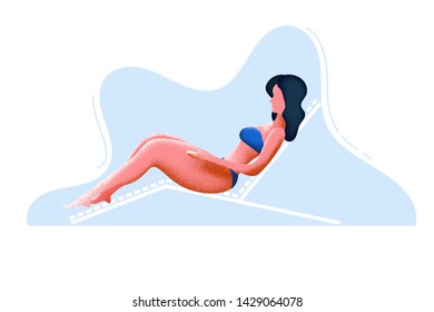 Vector beautiful woman sunbathing lying at lounger at summer vacation on seashore resort. Female character in swimsuit and hat at sea holiday. Isolated illustration