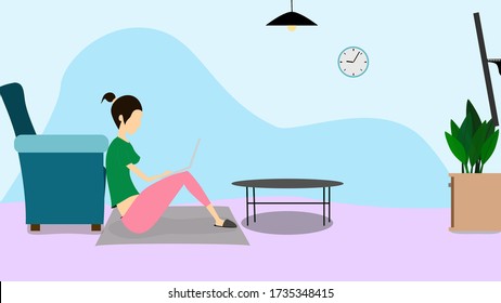 Vector beautiful woman tied her hair, sitting inside a room, busy with using a notebook computer, doing freelance work.  The idea is to work at home happily in a comfortable lifestyle.