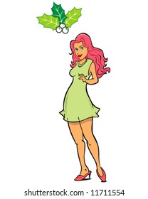 vector of beautiful woman under the mistletoe