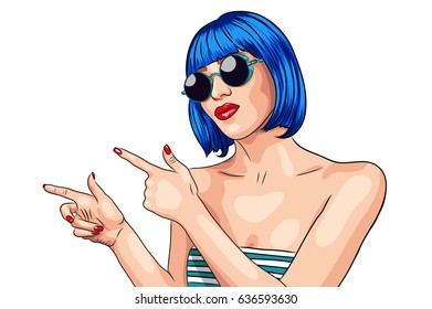 vector beautiful woman wearing blue wig and sunglasses. EPS