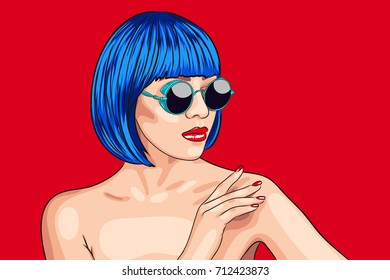 vector beautiful woman wearing blue wig and sunglasses. EPS