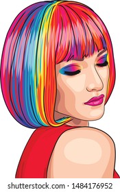 vector beautiful woman wearing colorful wig. EPS