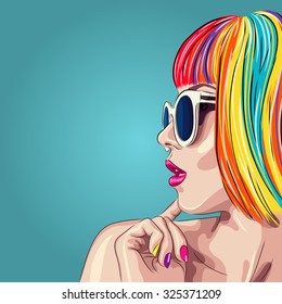 vector beautiful woman wearing colorful wig and white sunglasses. EPS