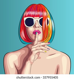 vector beautiful woman wearing colorful wig and white sunglasses. EPS