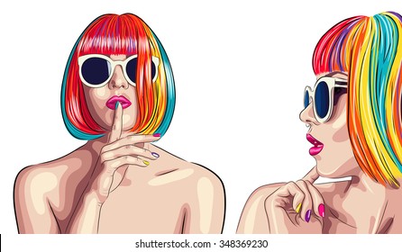 vector beautiful woman wearing colorful wig and white sunglasses. EPS