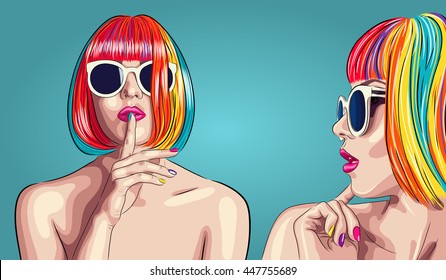 vector beautiful woman wearing colorful wig and white sunglasses. EPS