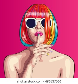 vector beautiful woman wearing colorful wig and white sunglasses. EPS