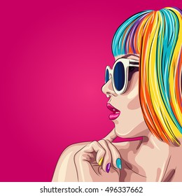 vector beautiful woman wearing colorful wig and white sunglasses. EPS