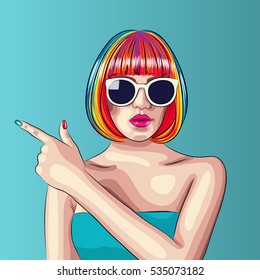 vector beautiful woman wearing colorful wig and white sunglasses. EPS